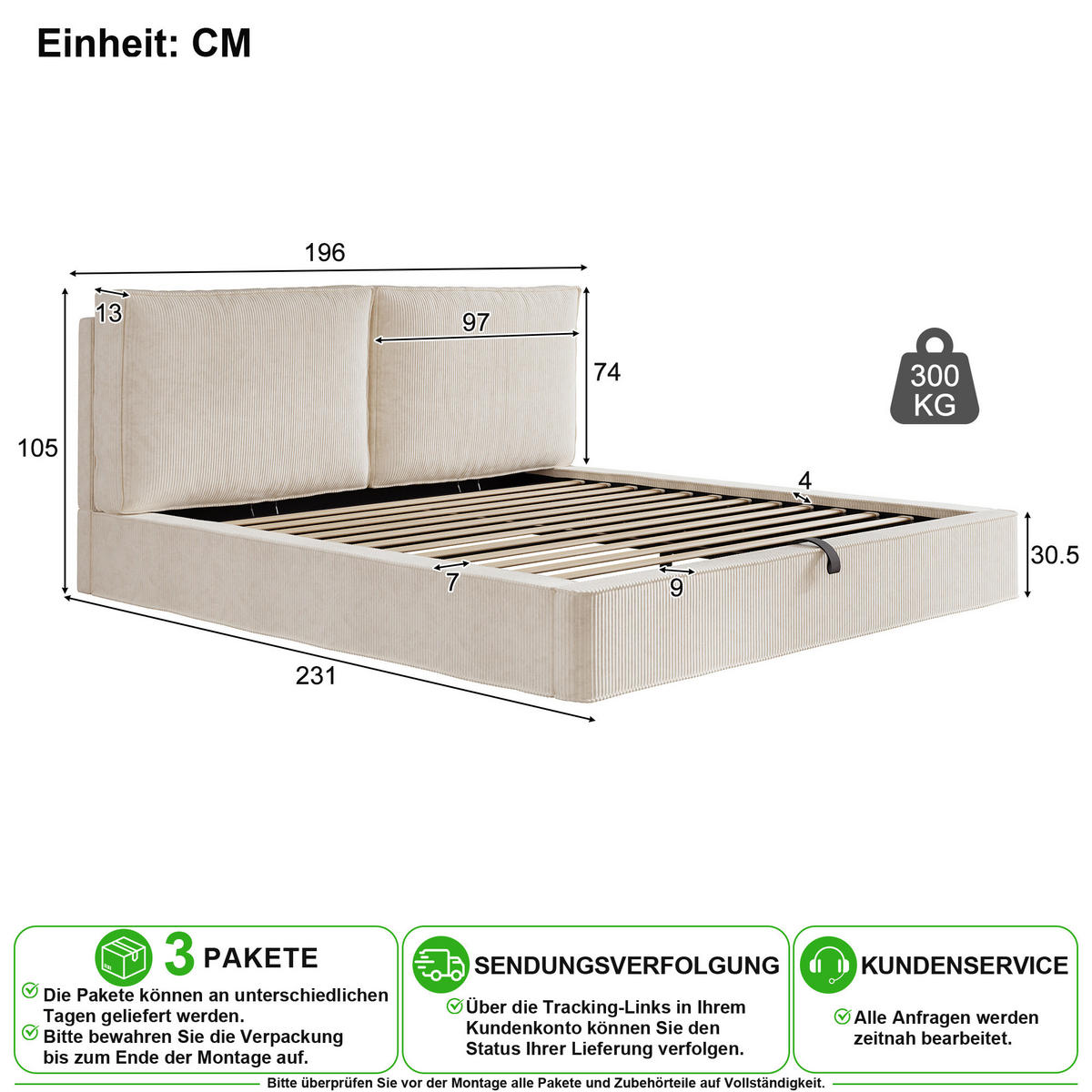 POLSTERBETT 180/200 cm in Beige mit Bettkasten und Kopfteil Cord - Beige, Holzwerkstoff/Textil (180/200cm) - CHICFURN