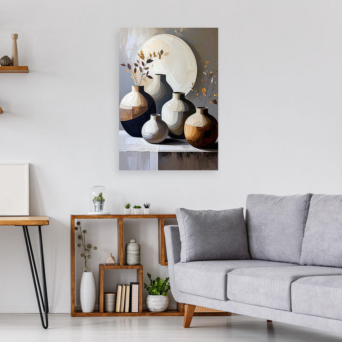 BILD auf Leinwand, Stillleben Krüge Blätter in Beige - Grau, Textil (20/30cm) - Feeby