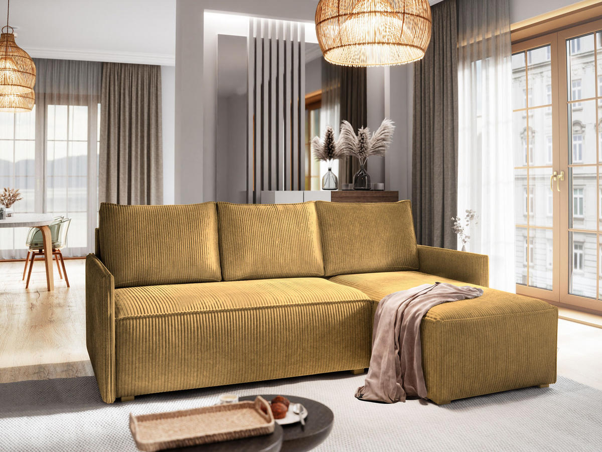 ECKSOFA PERUSI Gelb Kordstoff mit Schlaffunktion - Gelb, Holz (206/143cm) - MASSENO