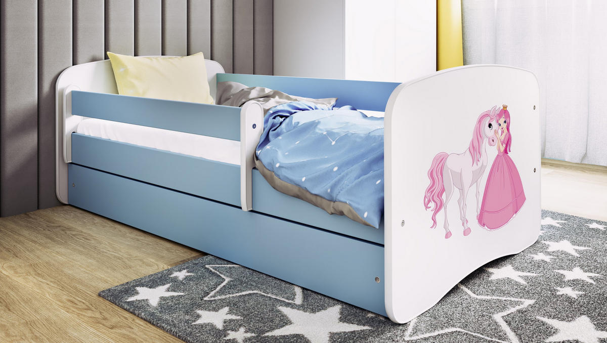 KINDERBETT Prinzessin Pferd mit Schublade 140/70 80/61/144 - Blau, Holzwerkstoff (70/140cm) - RAUMHIRSCH FURNITURE