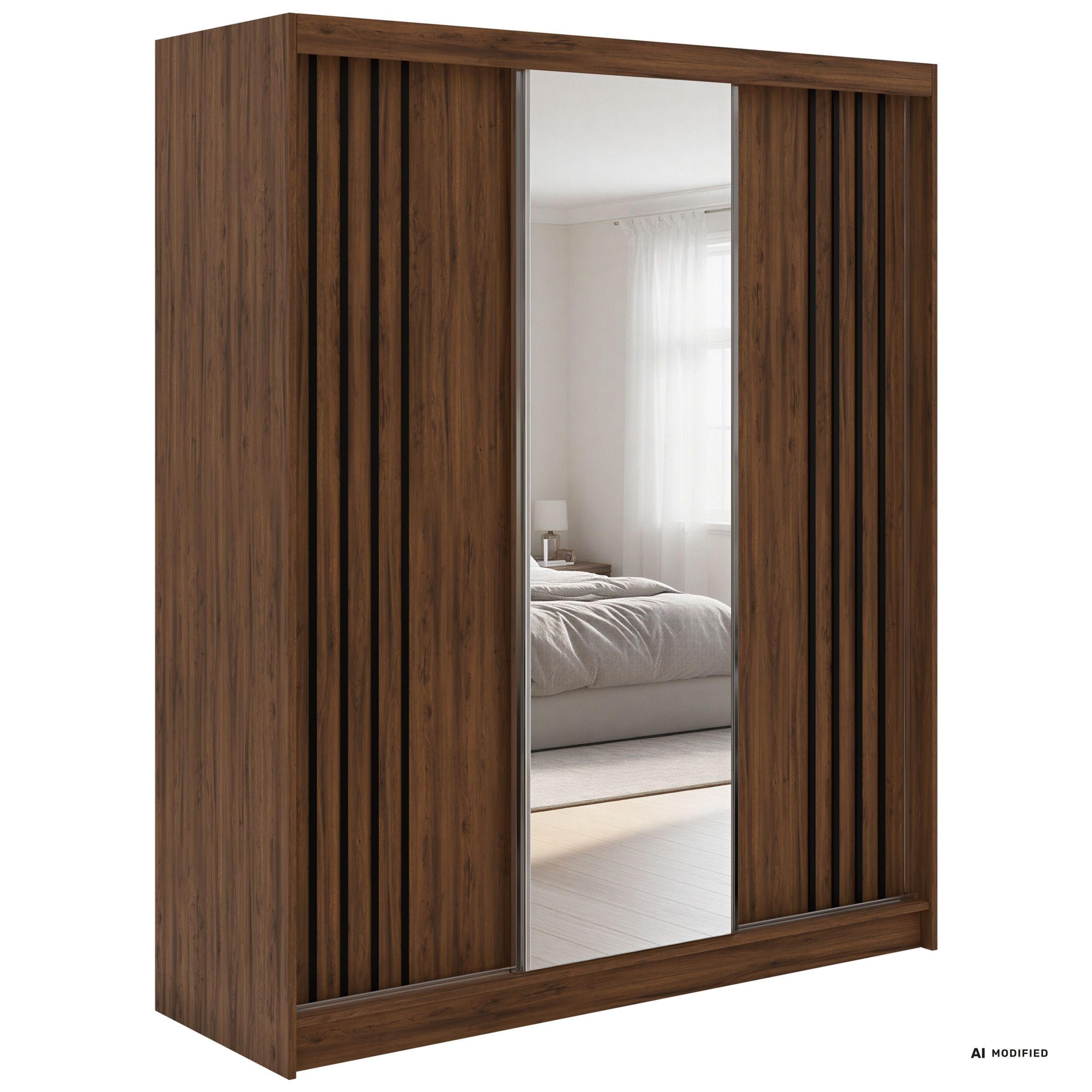 SCHWEBETÜRENSCHRANK mit Lamellen, Spiegel und Schubladen DIANA - 180 - Warmia Walnuss und Schwarz - Walnussfarben/Schwarz, Holzwerkstoff/Metall (180/216/61cm) - MKS