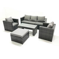 GARTENMÖBEL-SET COUCHTISCH SESSEL SOFA mit HOCKER Polyrattan Dunkelgrau Gemischt 6-Sitzer - Dunkelgrau/Grau, Glas/Kunststoff - Fimous