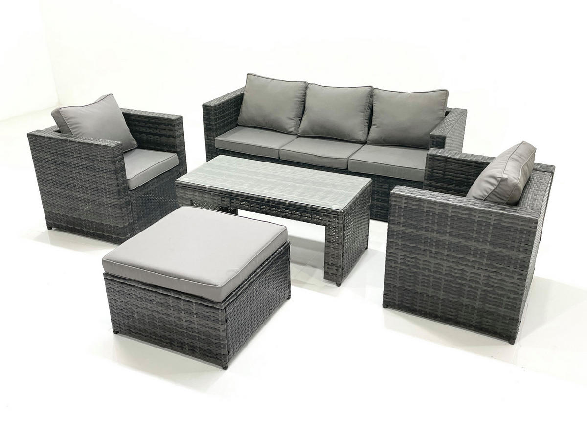 GARTENMÖBEL-SET COUCHTISCH SESSEL SOFA mit HOCKER Polyrattan Dunkelgrau Gemischt 6-Sitzer - Dunkelgrau/Grau, Glas/Kunststoff - Fimous