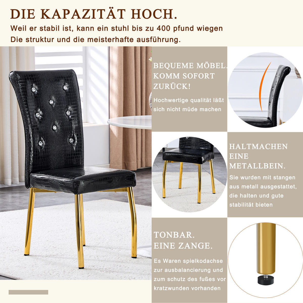 STUHL-SET DE-36774 2 Stück mit Krokodil-Prägung und vergoldeten Metallbeinen Schwarz - Schwarz, Metall (42/101/61.5cm) - ComfortXL