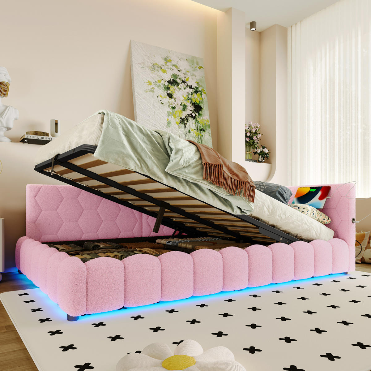 DENNÍ postel 140/200 cm růžová z veluru a MDF s LED osvětlením a úložným prostorem - růžová, textil (140/200cm) - OKWISH