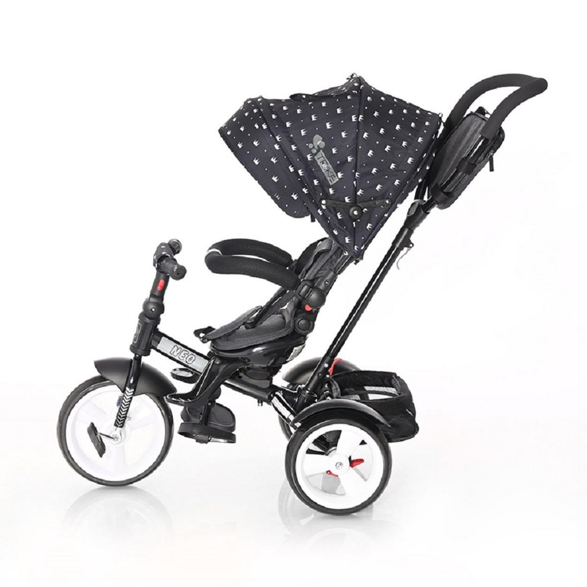 DREIRAD Neo 4 in 1 schwarz Krone EVA-Reifen, Schiebestange, Sitz drehbar, verstellbar - Schwarz, Metall (120/55/104cm) - Lorelli