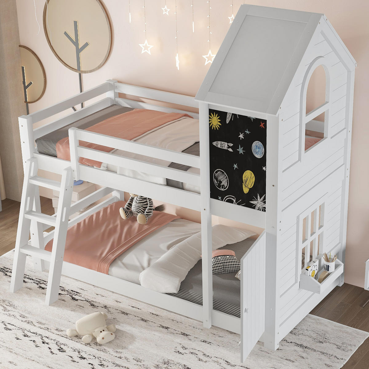 ETAGENBETT 90/200 cm Weiß mit Tafel und Dach für Kinder - Weiß, Holzwerkstoff (90/200cm) - OKWISH