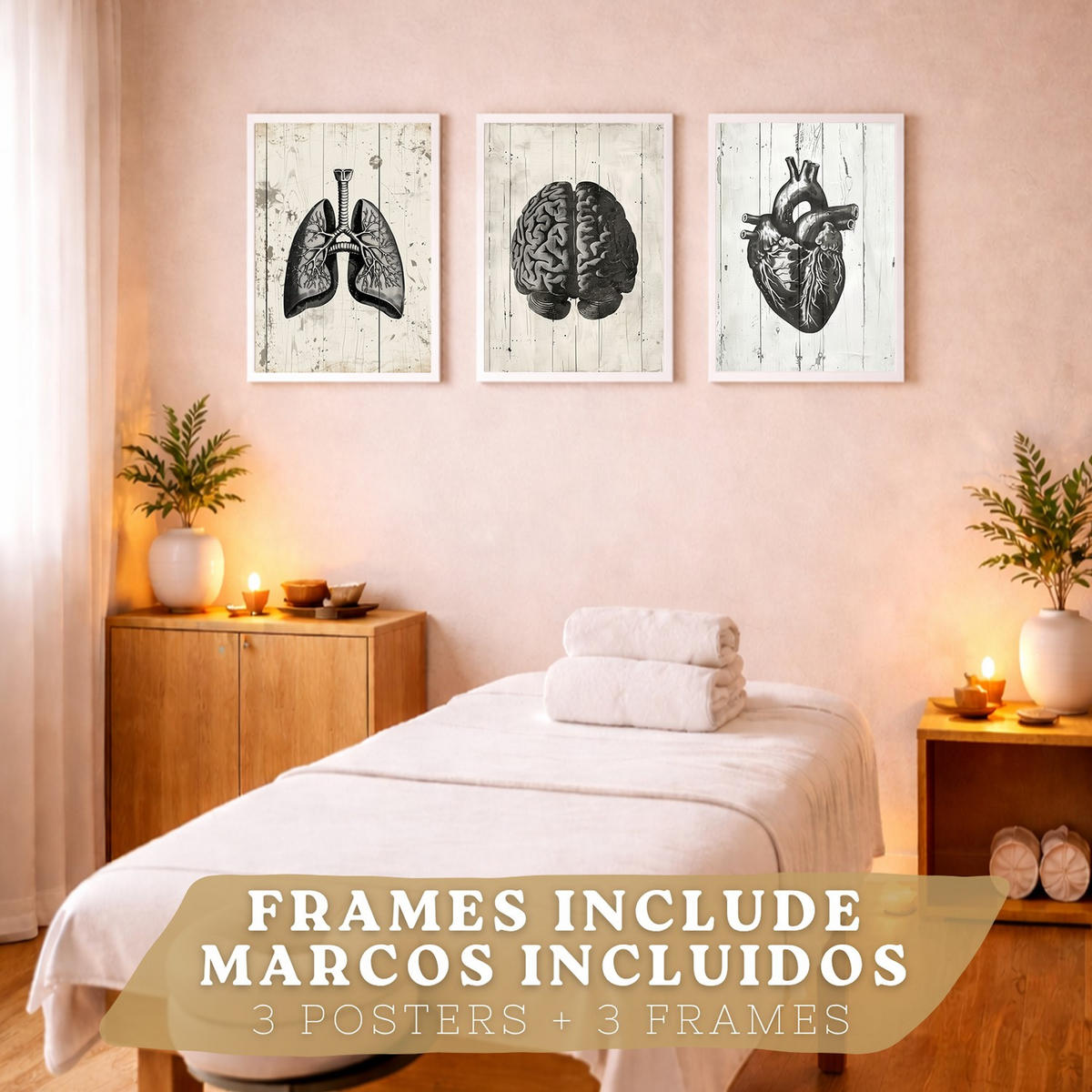 POSTER Set aus 3 Anatomie Mensch Drucke und mit Gehirn Herz Lungen Luftröhre Bronchien Industrielles Schwarz Weiß Design Größe Weißer Rahmen A3 - Weiß, Papier (29.7/42/3cm) - Nacnic