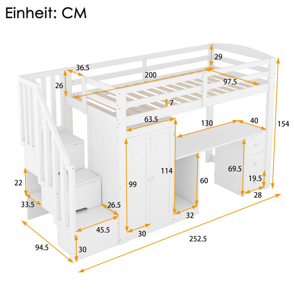 HOCHBETT 90/200 cm in Weiß – mit Schreibtisch, Kleiderschrank und Stauraumtreppe - Weiß, Holzwerkstoff (90/200cm) - BEAOK