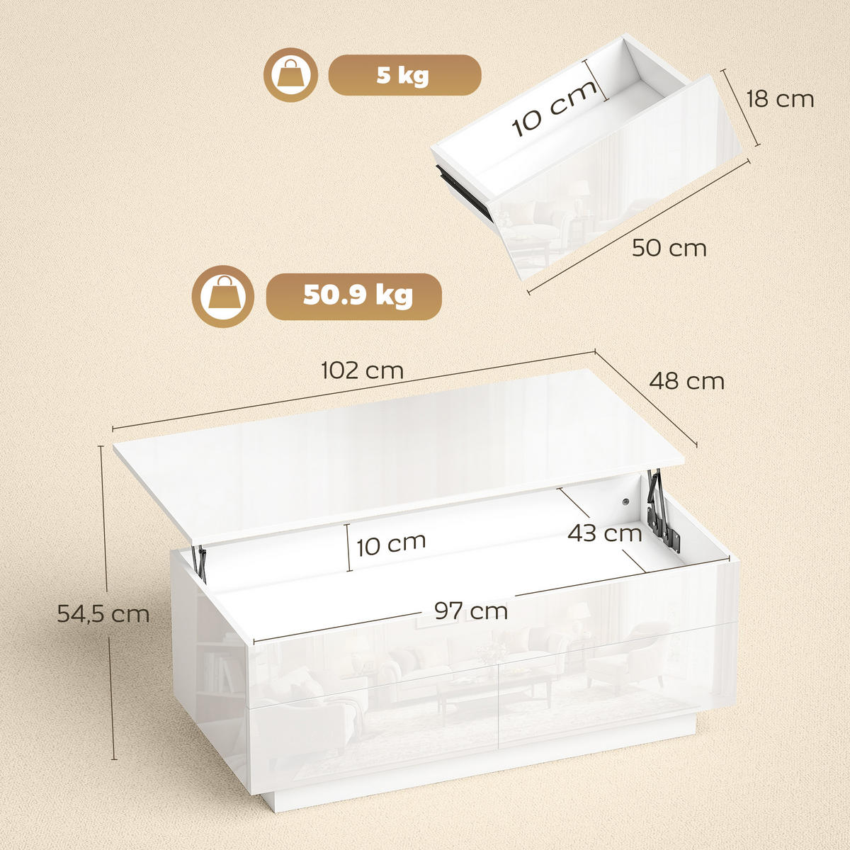 COUCHTISCH höhenverstellbar Spanplatte Hochglanzweiß - Weiß Hochglanz, Holzwerkstoff (102/48/54.5cm) - HOMCOM