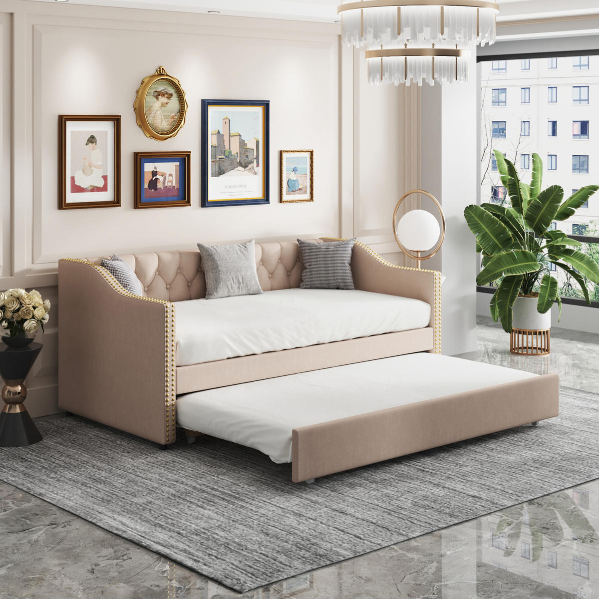 POLSTERBETT 90x200 cm ausziehbar Leinen Kinder grau - Beige, Holz (90/200cm) - Fortuna Lai