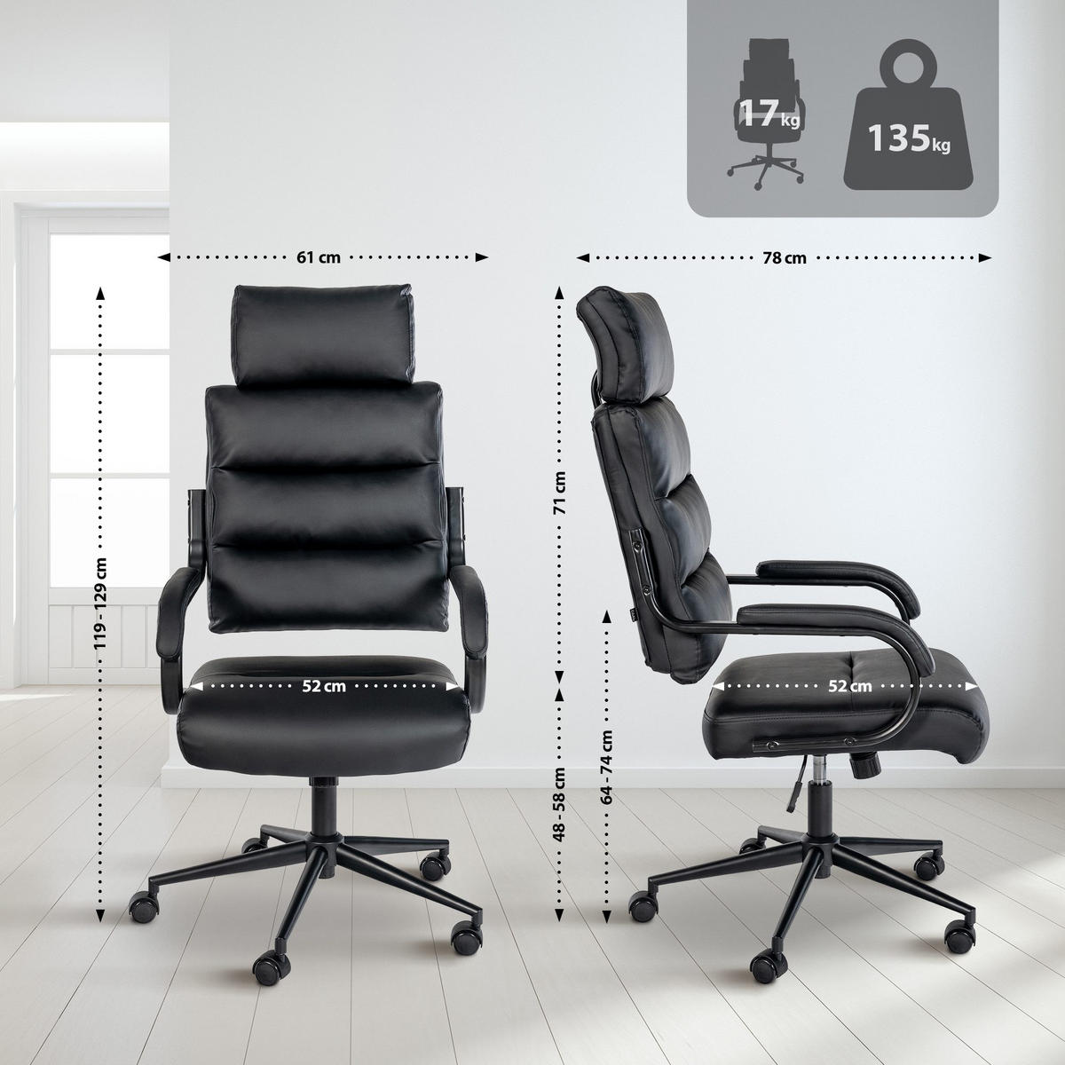 DREHSTUHL Lederlook Schwarz/Schwarz - Chromfarben/Schwarz, Textil/Metall (61/119/78cm) - CLP