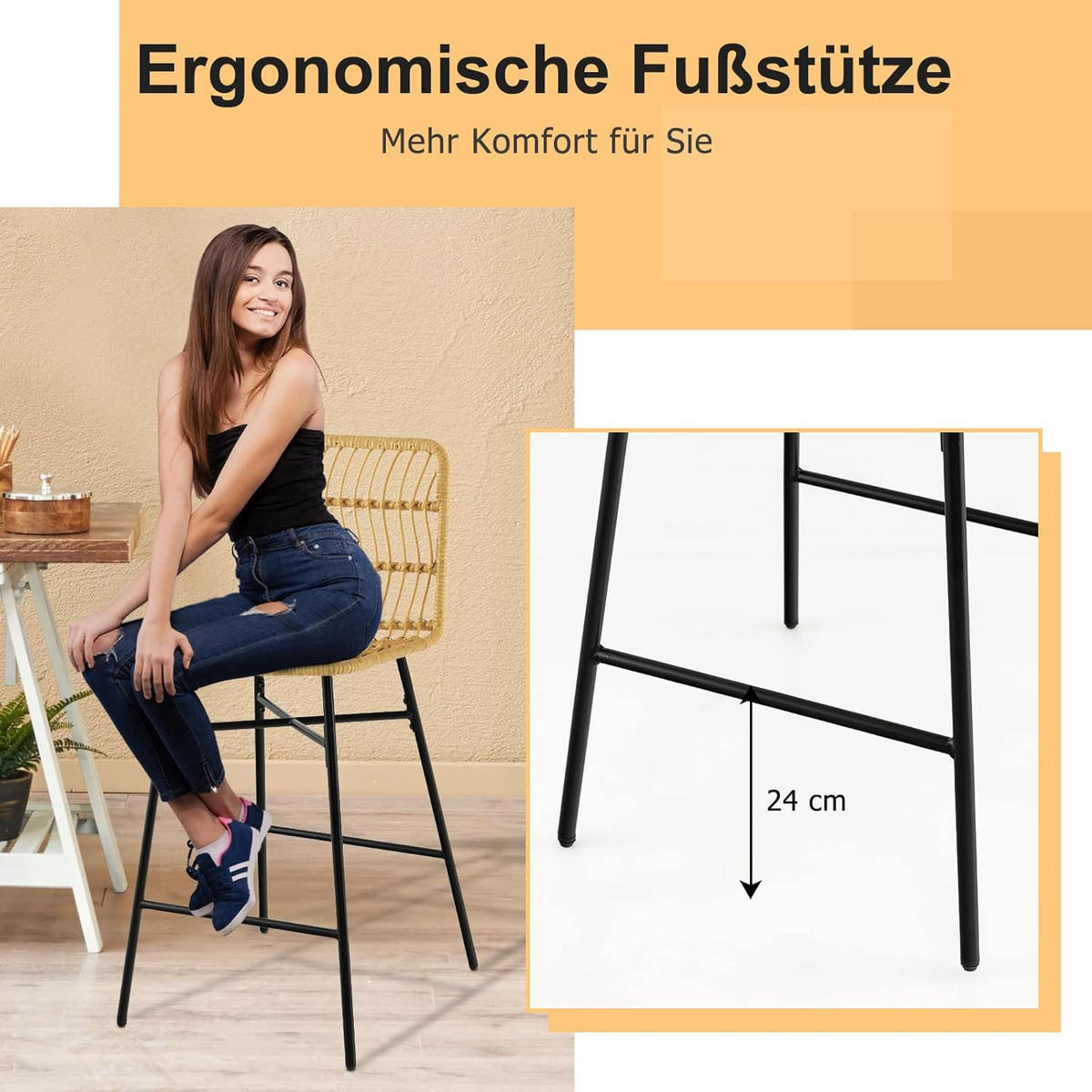 BARHOCKER Rattan Gelb(2er-Set) - Gelb, Naturmaterialien (56/104/49cm) - COSTWAY