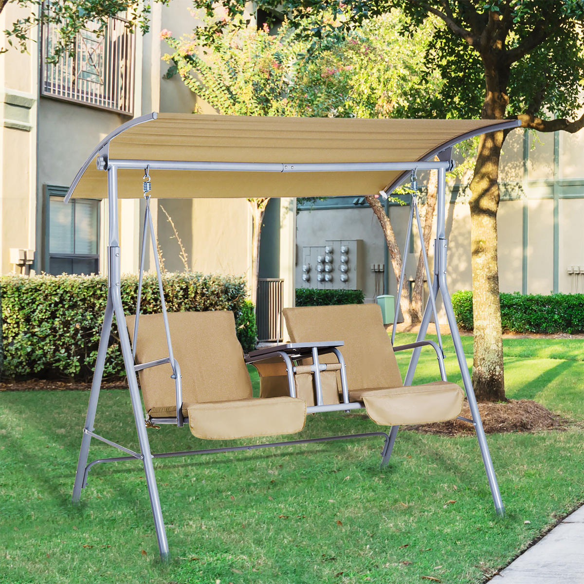 HOLLYWOODSCHAUKEL, 2-Sitzer mit Sonnendach, Beige, 175 x 112 x 165 cm - Beige, Metall (112/165/175cm) - Outsunny