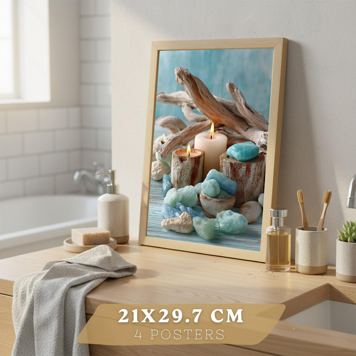 POSTER 4er-Set Badezimmer-Wandposter, Strand-Spa-Poster für Waschbecken, Dusche, WC mit Muscheln, Kerzen, Handtüchern und Meersalz Rahmenlos A4 - Klar, Papier (29.7/21/3cm) - Nacnic