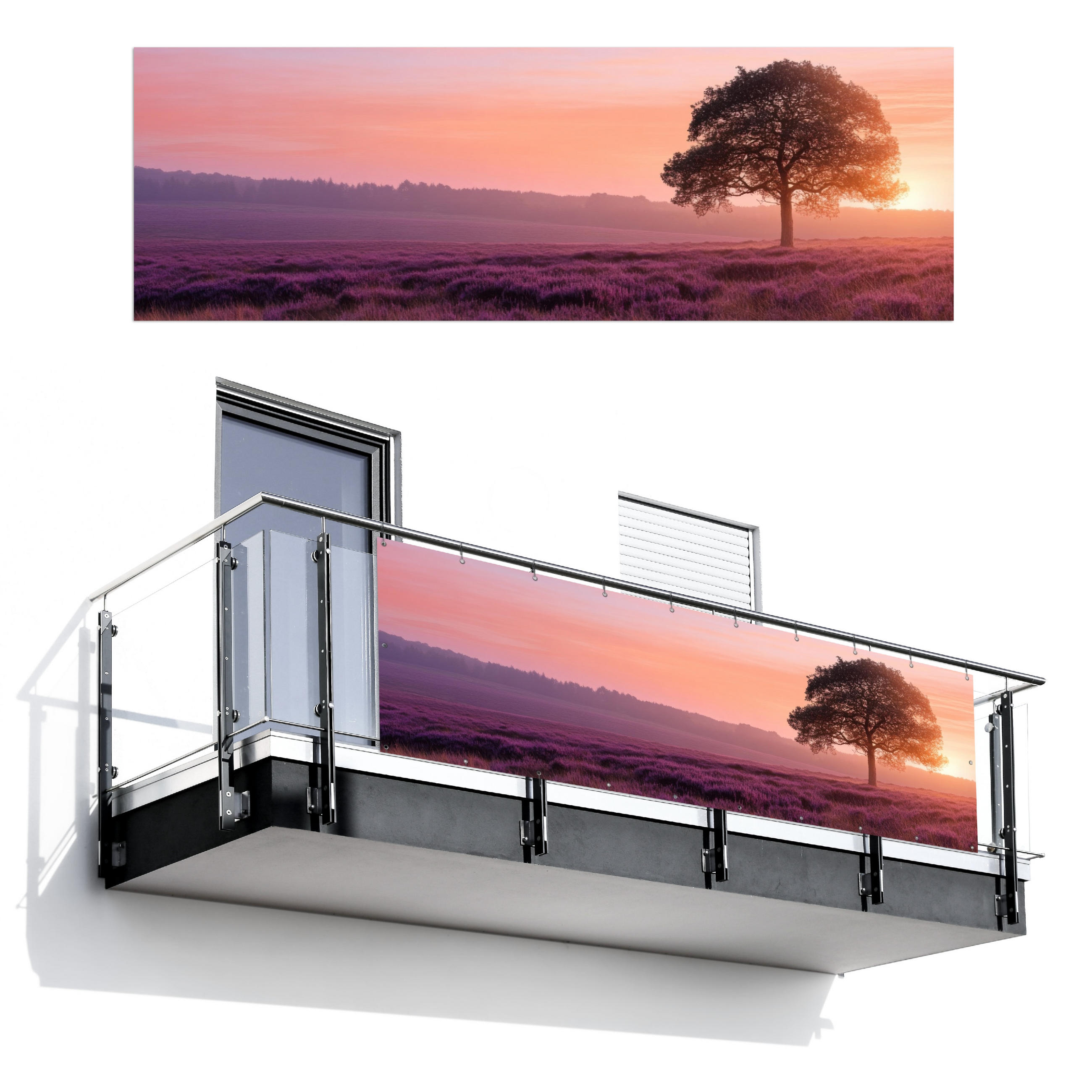 BALKON-SICHTSCHUTZ Baum - Heidekraut - Sonnenaufgang - Flieder, Kunststoff (300/100cm) - MuchoWow
