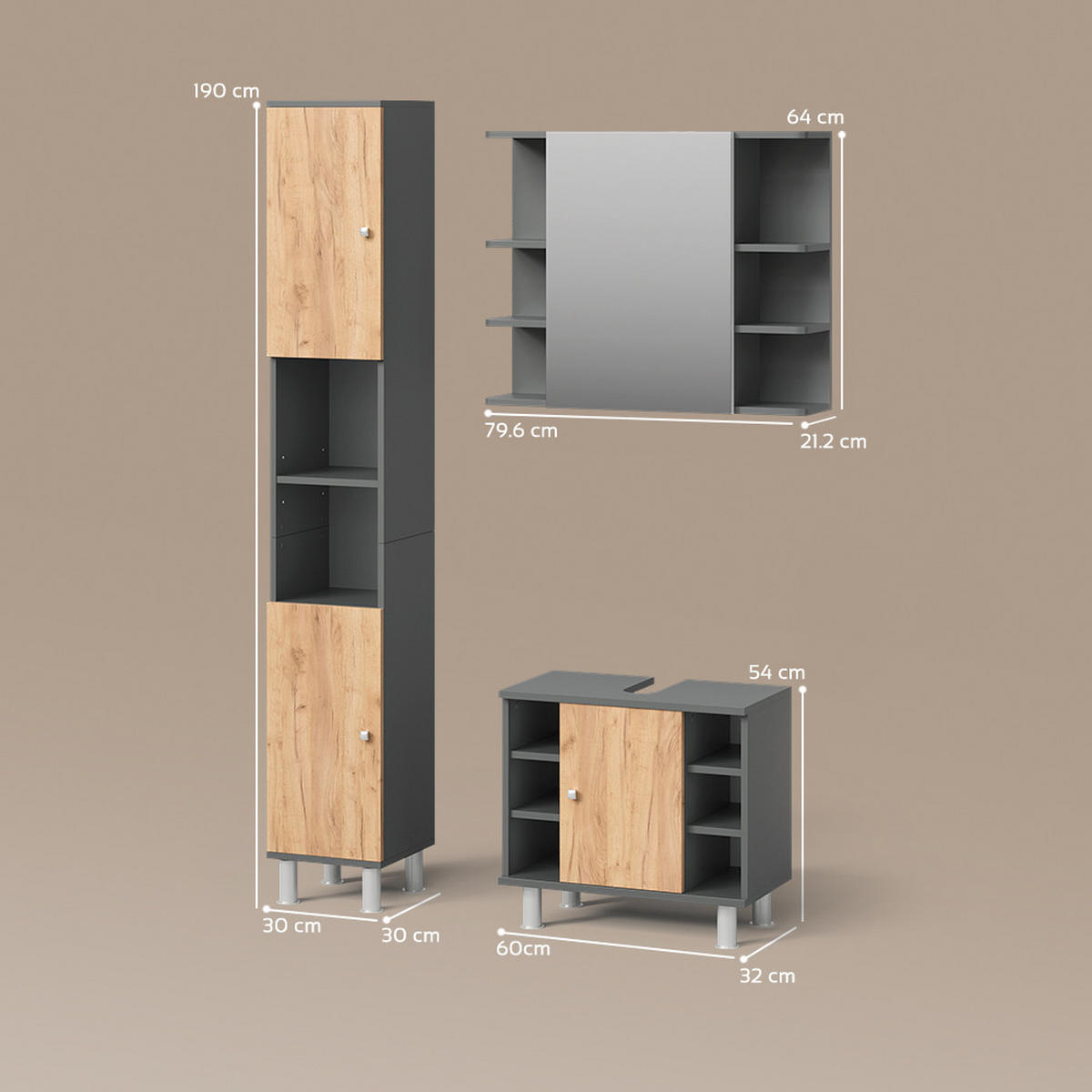 BADMÖBEL-SET Fucino Anthrazit/Goldkraft Eiche 3 Teile mit Hochschrank - Anthrazit/Eiche Wotan, Holzwerkstoff (60/54/32cm) - Livinity®