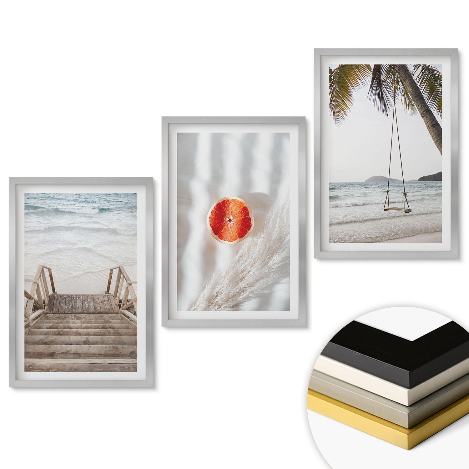 WANDBILDER 3er Set - 40x60 cm Silberner Rahmen - Strandtreppe aus Holz, Urlaub - Silberfarben, Kunststoff (40/60cm) - ArtPrintCave