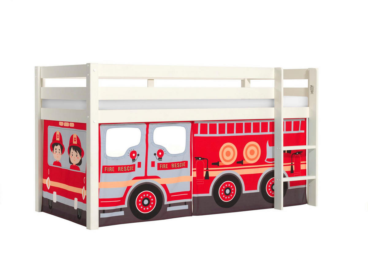 KINDERBETT Karolina 210x114x106 Massivholz Weiß Textilset Feuerwehr - Weiß/Dunkelrot, Holz (90/200cm) - 58aufmkessel