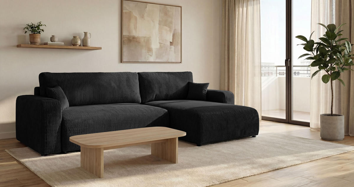 ECKSOFA BERLIN rechts schwarz Cord Poso 135 - Schlaffunktion, Bettkasten - Schwarz, Textil (285/184cm) - Cornero