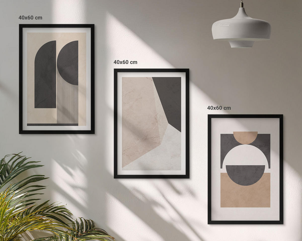 BILDER SET 3er Set - 40x60 cm Schwarzer Rahmen - Abstrakte Formen beige braun - Schwarz, Kunststoff (40/60cm) - TULUP