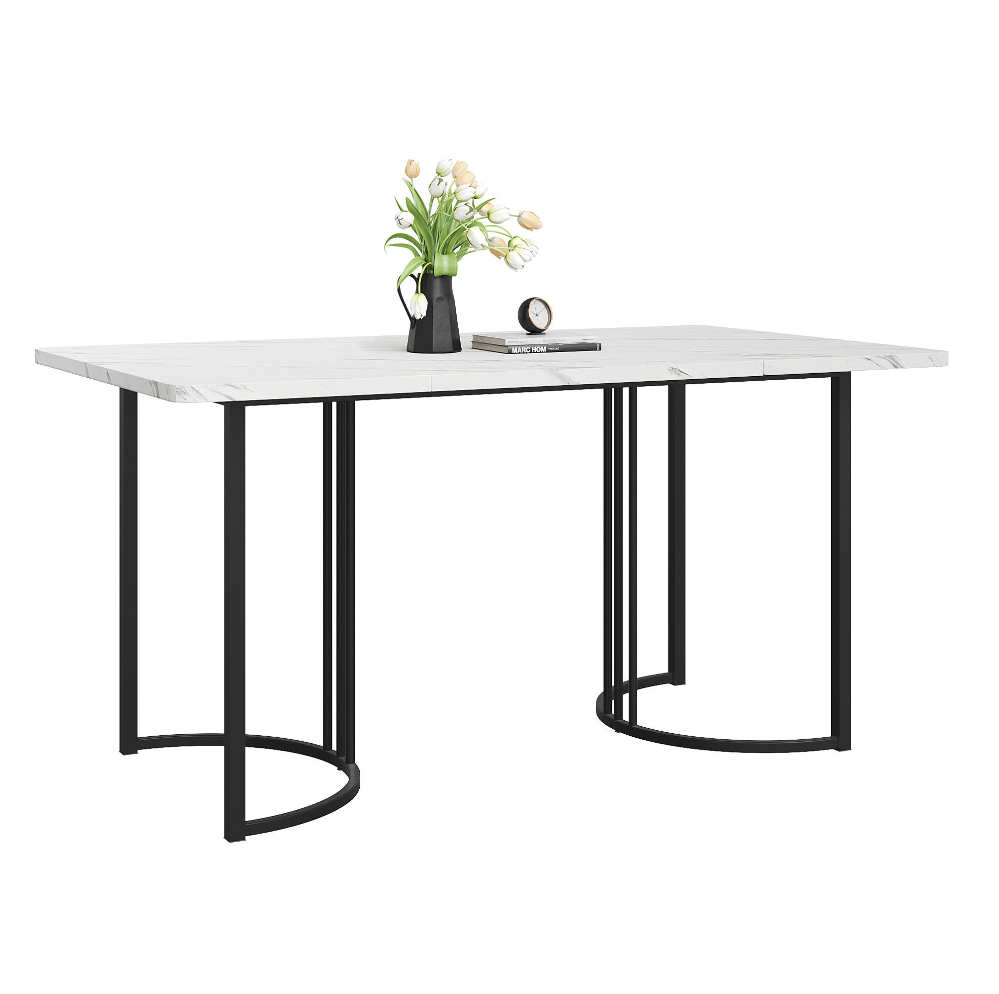 Modfu JÍDELNÍ stůl z MDF 140x80x75 cm bílý s nastavitelnými nohami a kovovou konstrukcí s mramorovým dekorem