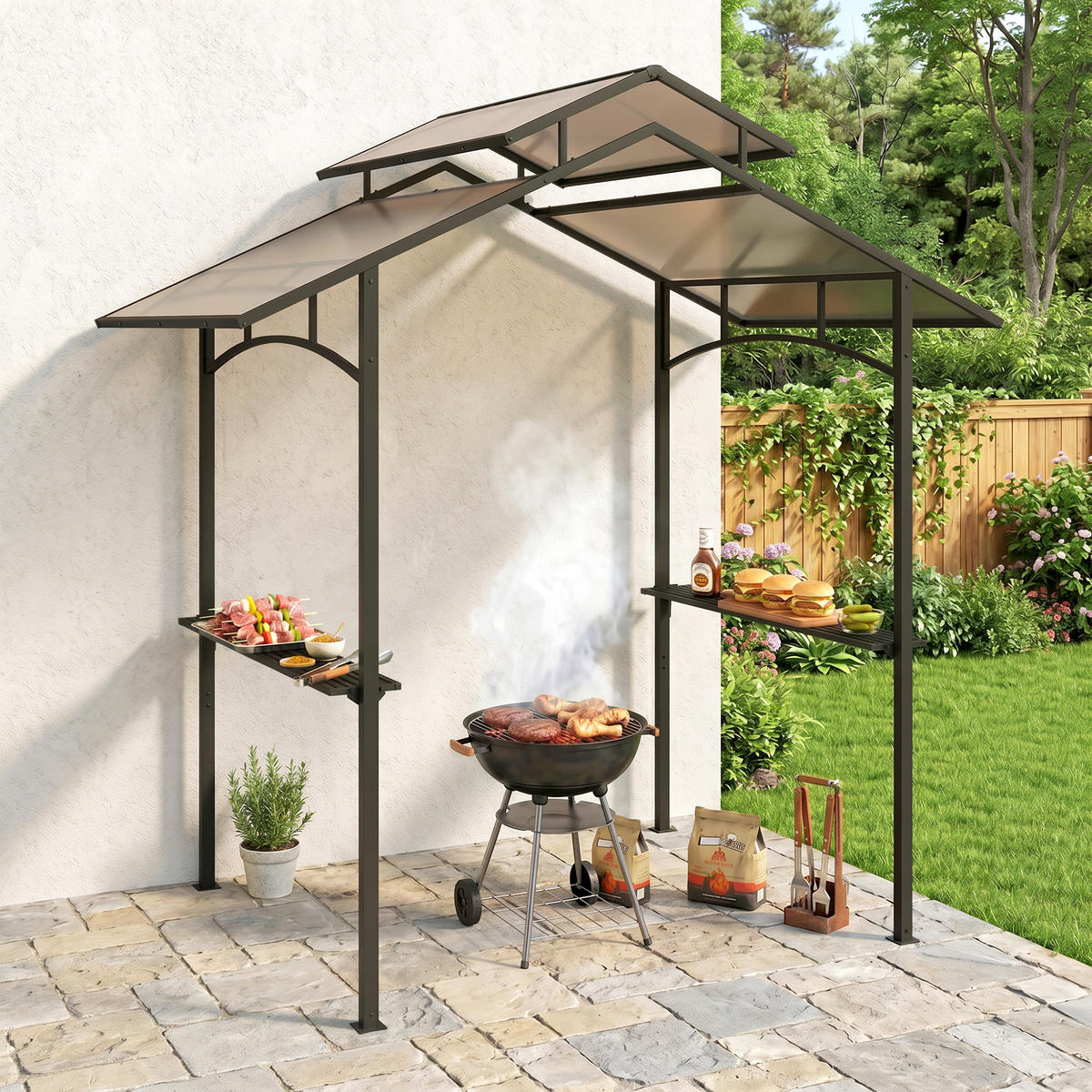 GRILOVACÍ PAVILON s protipožární střechou 2,5 x 1,5 m BBQ pavilon se 2 policemi ocel PC - černá, kov (150/250/240cm) - Outsunny
