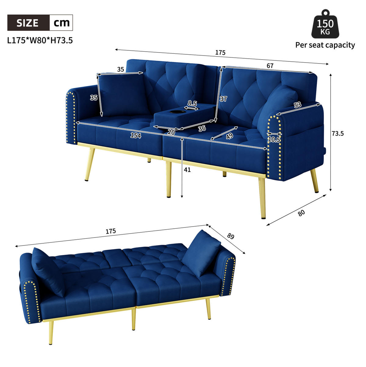 SCHLAFSOFA mit verstellbarer Rückenlehne 175 cm Blau - Blau, Holzwerkstoff (175/73.5/80cm) - Meubliv