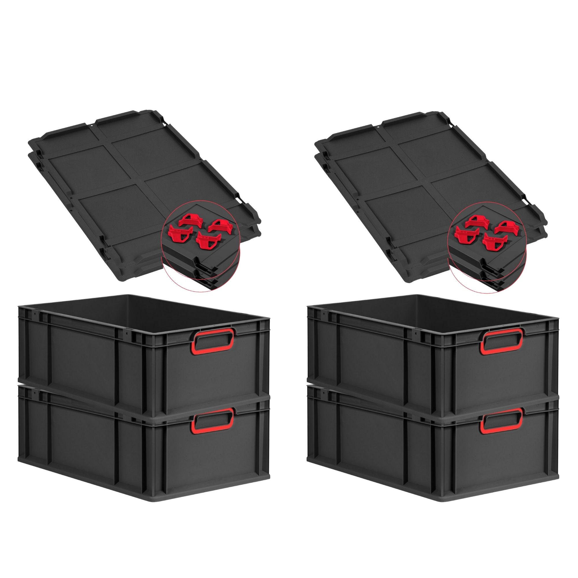 EUROBOX 4x NextGen Color mit Auflagedeckel 22x40x60 cm 44 Liter Schwarz Griffe rot zu - Rot/Schwarz, Kunststoff (40/22/60cm) - PROREGAL