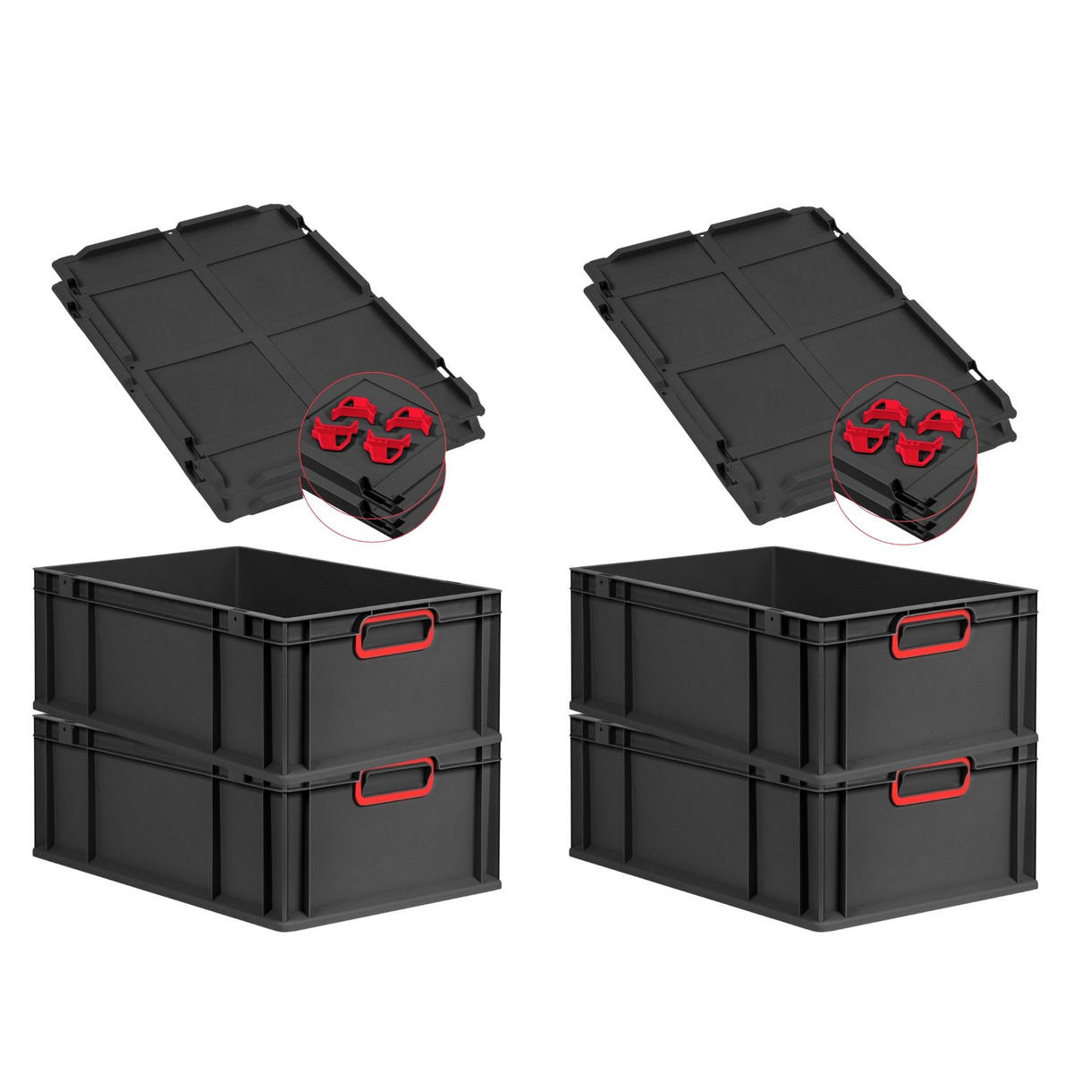 EUROBOX 4x NextGen Color mit Auflagedeckel 22x40x60 cm 44 Liter Schwarz Griffe rot zu - Rot/Schwarz, Kunststoff (40/22/60cm) - PROREGAL