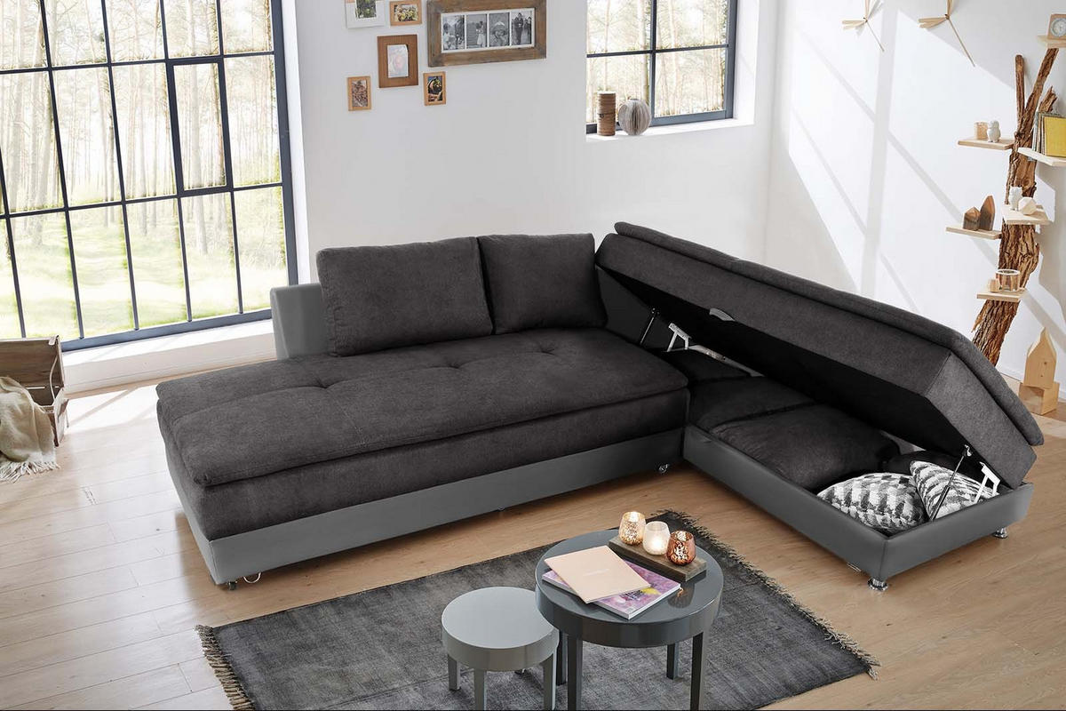 ECKSOFA-DAUERSCHLÄFER Doppelbett Boxspring Federkern Topper, Schwenkteil links B306/T223/H95 cm, Kunstleder Grau+Mikrofaser Anthrazit / 15105 - Chromfarben/Anthrazit, Textil/Metall (306/223cm) - luma-home