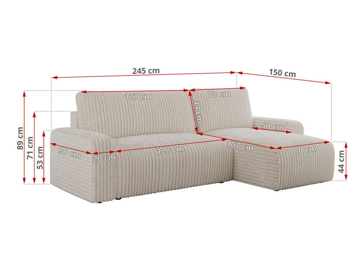 ECKSOFA ARGOS Beige Cord - Beige/Schwarz, Kunststoff/Textil (245/150cm) - MKS