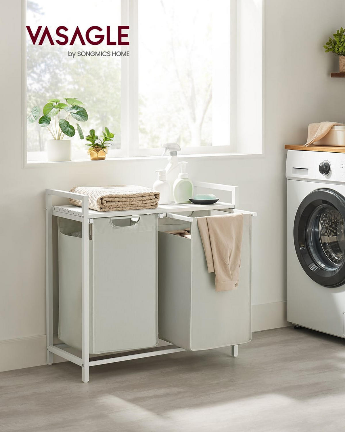 WÄSCHEKORB mit 2 herausziehbaren Fächern, hellgrau - L71 cm - Grau, Metall (33/73/71cm) - Calicosy