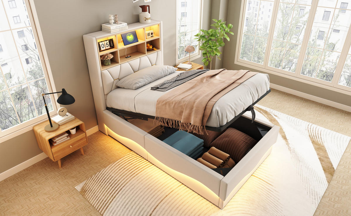 POLSTERBETT 90x200 cm mit LED, USB, Stauraum, Leinen, Beige - Beige, Holz (90/200cm)