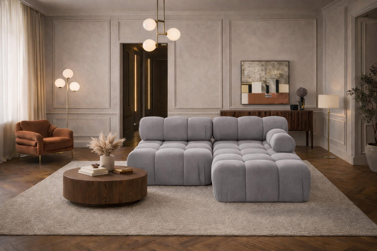 ECKSOFA L-Form Mini II Modular, Veloursstoff Salvador, Grau, Rechts, Selia - Grau, Holz (190/160cm) - Kaiser Möbel