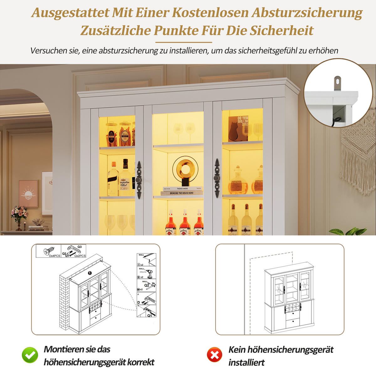 VITRINE LED 130cm 4 Türen 2 Schubladen Weinregal Weiß - Weiß, Glas (130/170.5/37.5cm) - FLIEKS