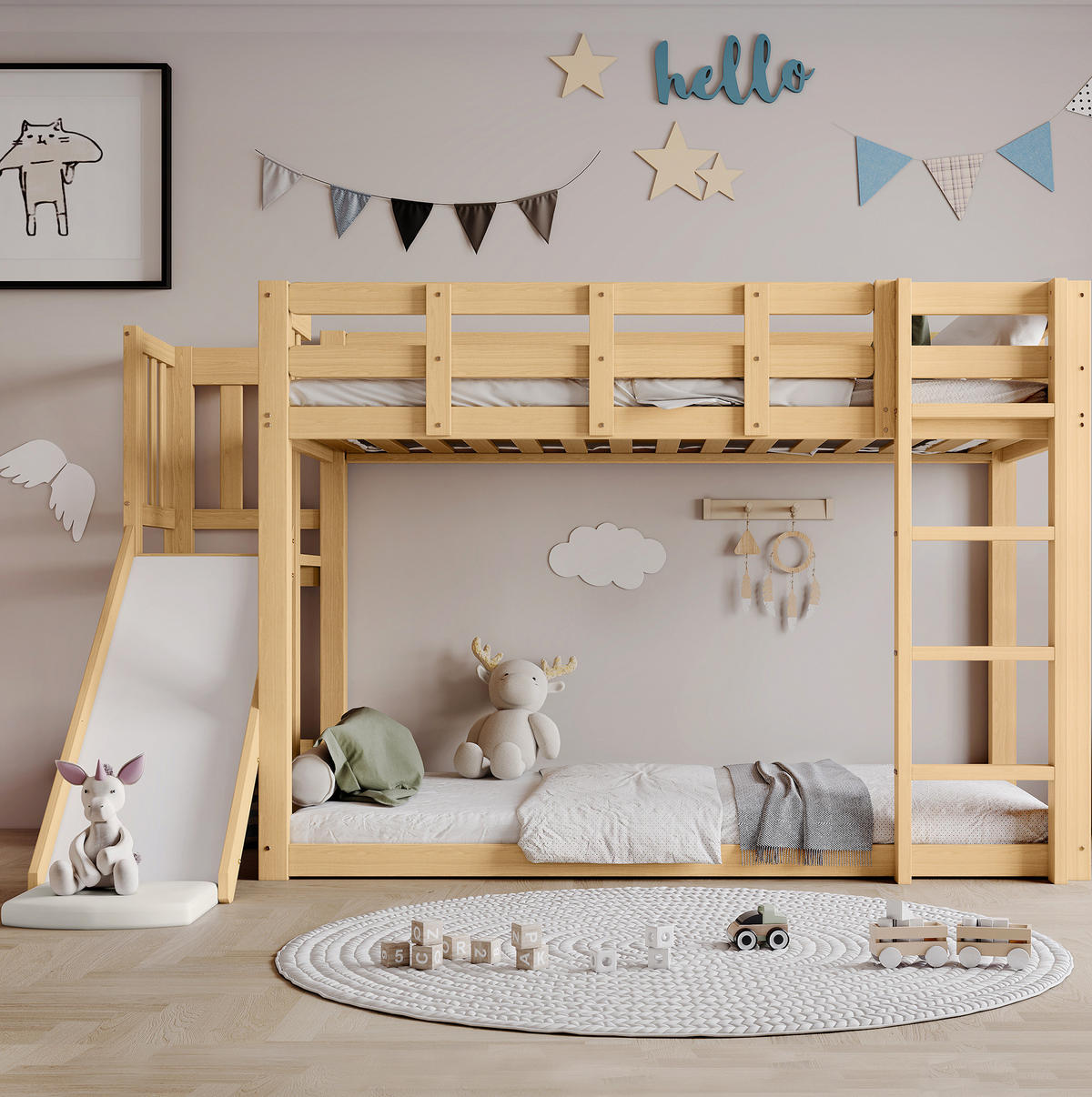ETAGENBETT aus Kiefer und MDF 90x200 cm Natur mit Treppe, Rutsche, Bettvorhang und Fallschutz - Naturfarben, Holzwerkstoff (90/200cm) - Modfu