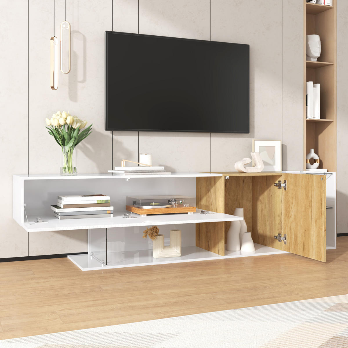 TV-KOMMODE in Hochglanz Weiß mit Holzoptik und Glasregalen 180/38/48 cm - Weiß, Holzwerkstoff (180/48/38cm) - Redom