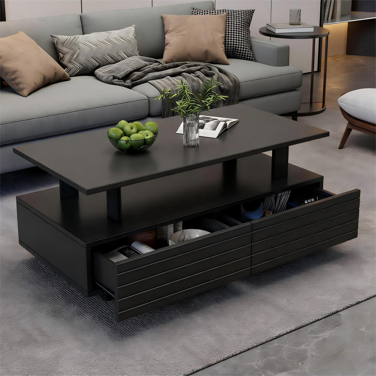 COUCHTISCH in Schwarz Wohnzimmertisch mit Schubladen, LED, B100/T50/H42.5cm - Schwarz, Kunststoff (50/100/42.5cm) - STILVORA