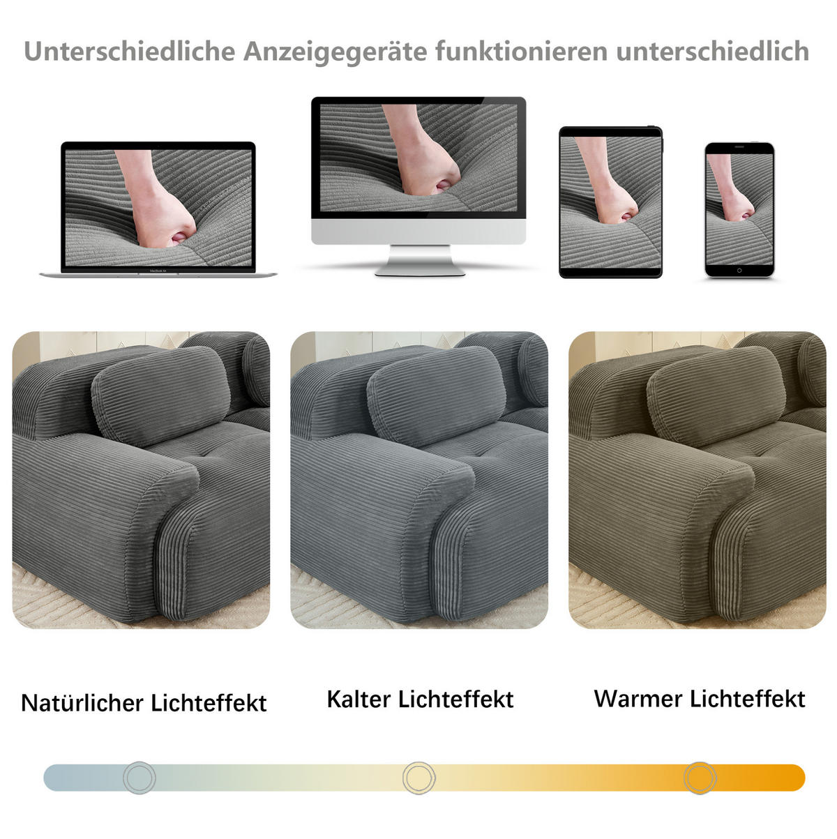 SOFA in Grau aus Cord mit rutschfester Unterseite - Grau, Textil (103/70/298cm) - Flora Grace