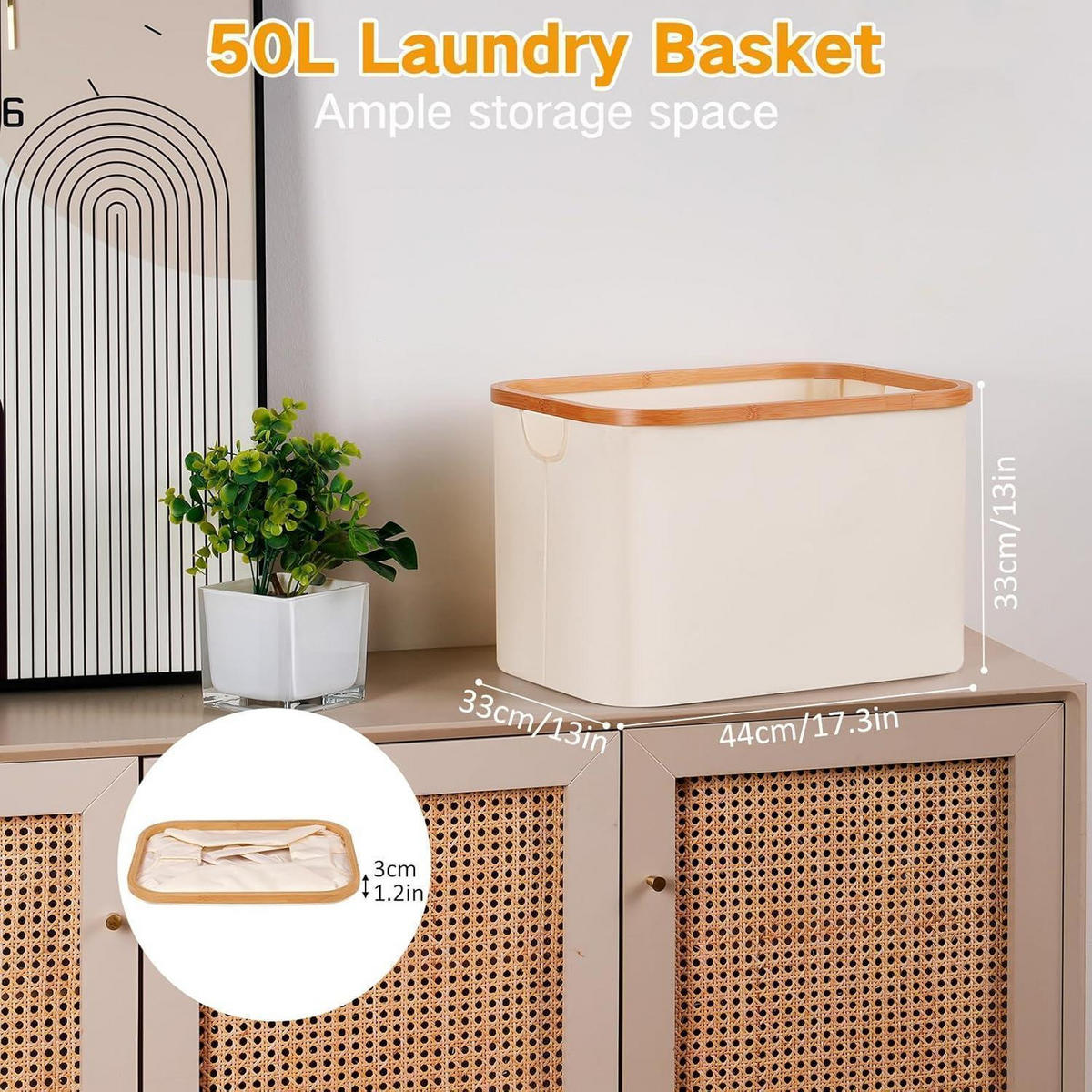 WÄSCHEKORB Bambus Stoff 50 Liter Beige - Creme, Naturmaterialien (33/33/44cm)