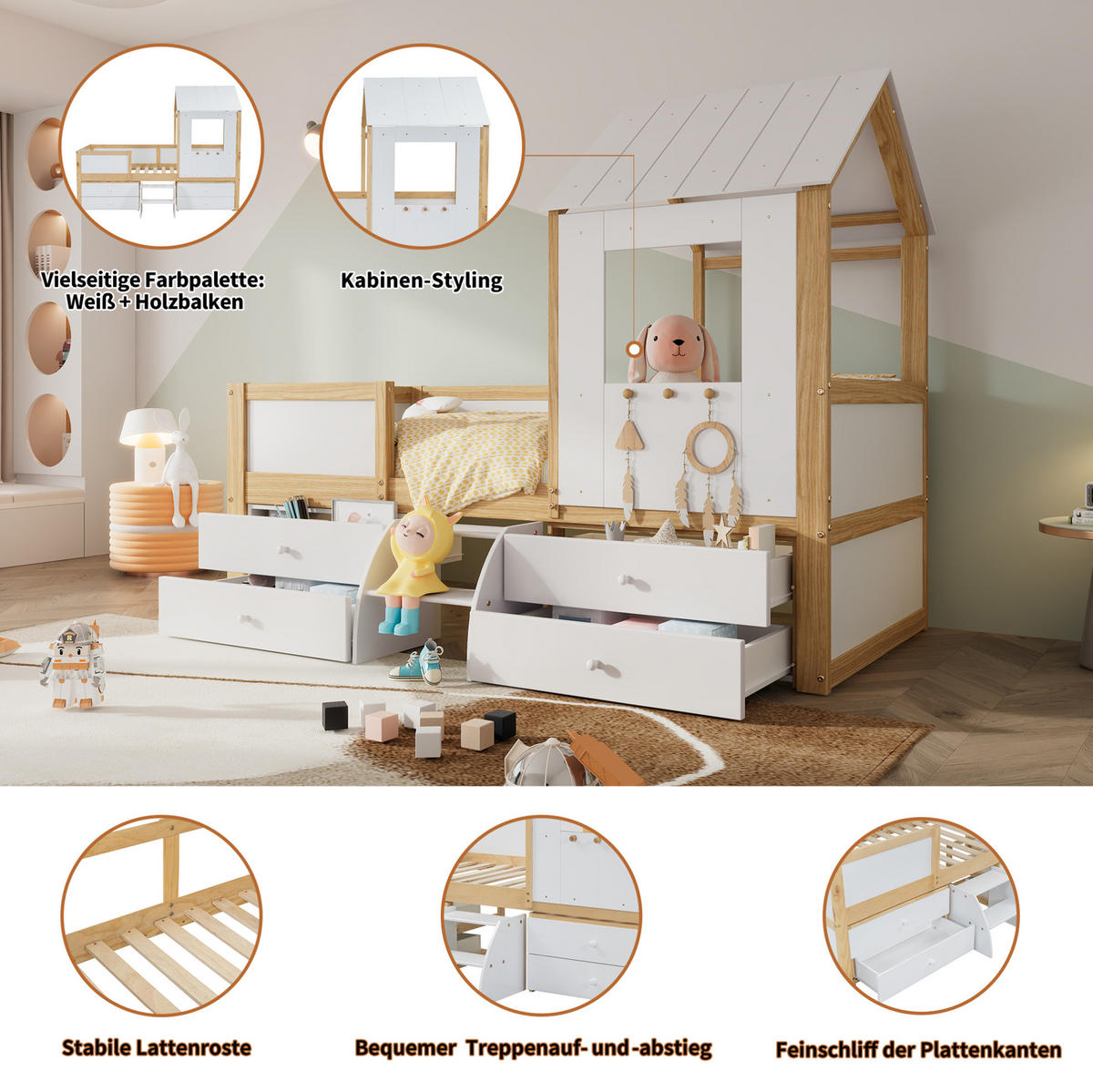 HAUSBETT 90/200 cm halbhoch mit 4 Schubladen und Treppe in Weiß/Natur - Weiß, Holzwerkstoff (90/200cm) - Flora Grace