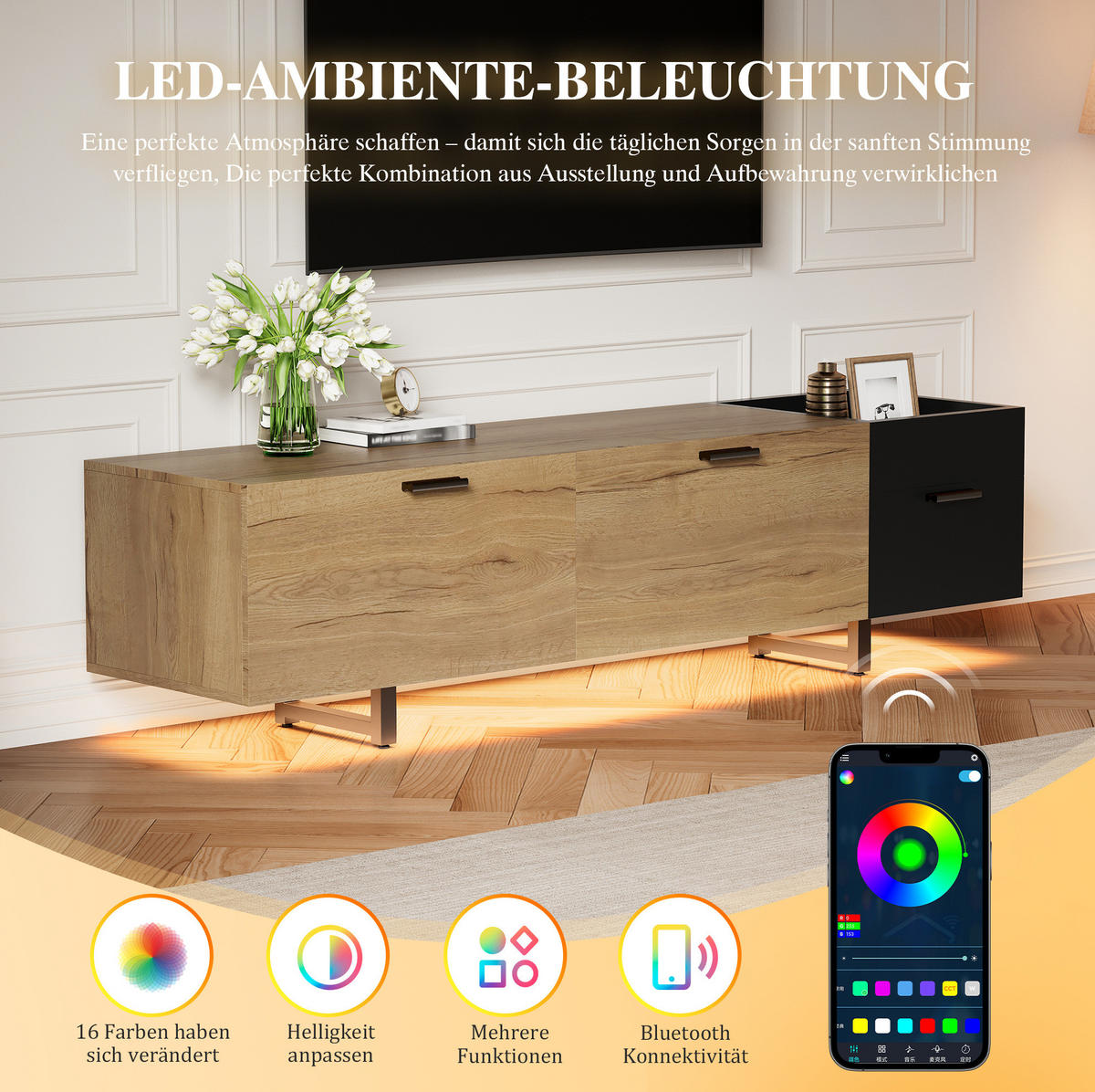 LOWBOARD 180/38/49 cm Schwarz/Naturholzoptik aus Holzwerkstoff mit LED-Hintergrundbeleuchtung - Schwarz, Holzwerkstoff (38/49/180cm) - OKMYHOME
