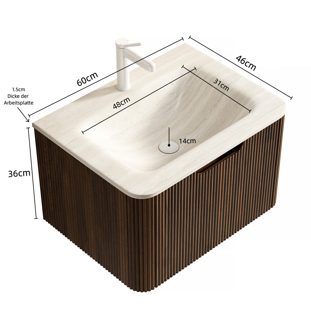 WAND-WASCHTISCH 60 cm mit integriertem Becken Beige/Walnuss - Beige, Holzwerkstoff (46/37.5/60cm) - Beauniv