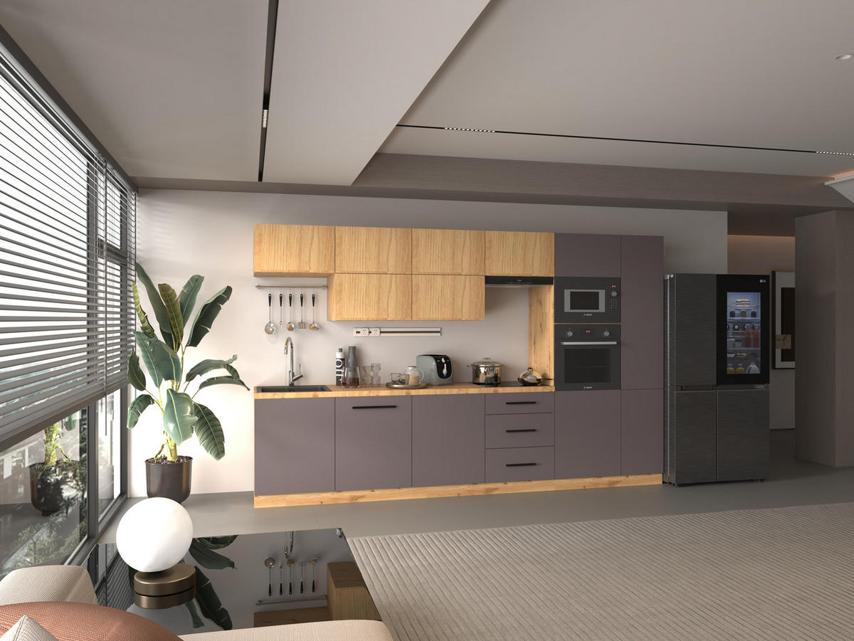 KÜCHENZEILE 240 - Langen KL3-M340 in Grau/Artisan Eiche - Schwarz/Eiche Artisan, Holz (340/212/58cm)