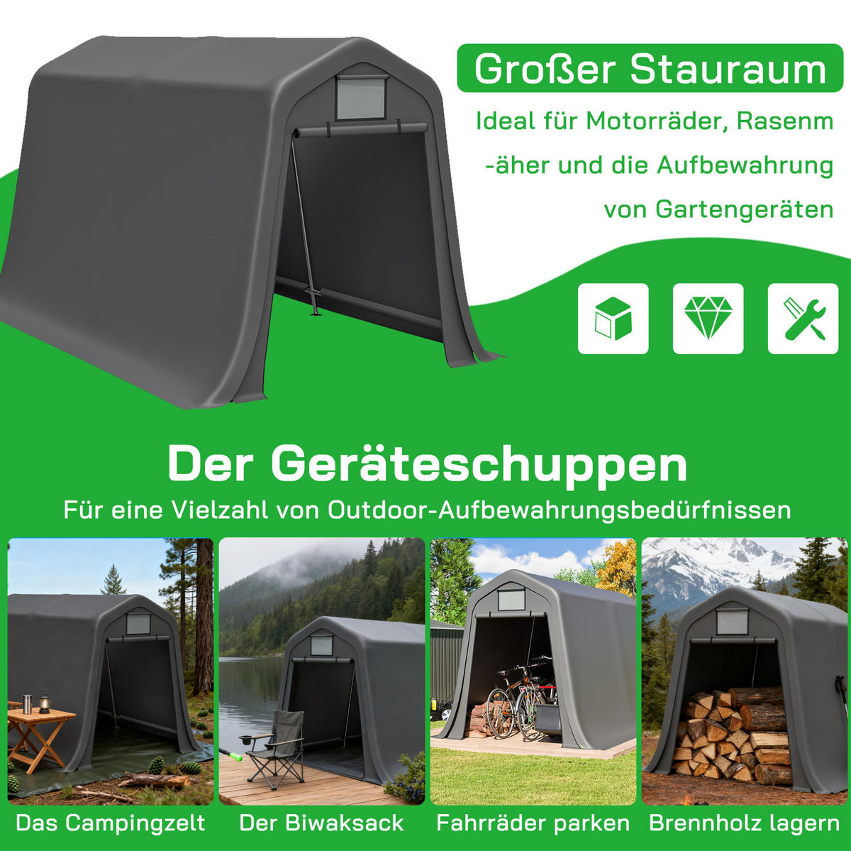 KLEINGARAGE aus PE 213x366x225 cm in Dunkelgrau mit Rolltor - Dunkelgrau, Metall (366/225/213cm) - Modfu