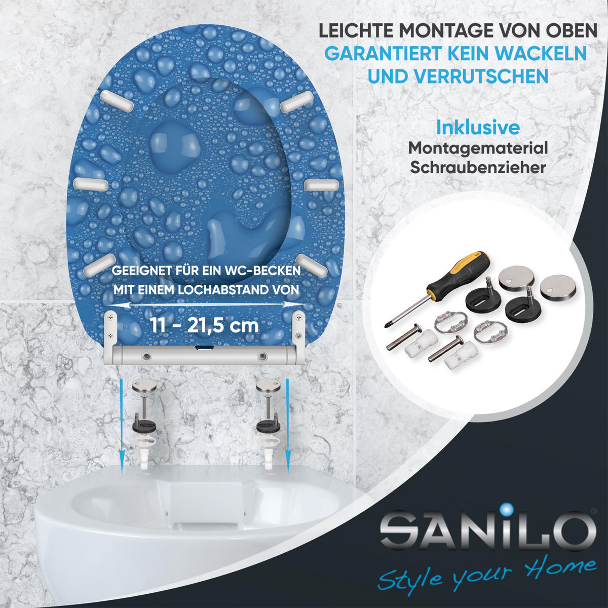 WC-SITZ mit Absenkautomatik & Top Fix Tautropfen Blau - Blau, Holzwerkstoff (37.7/5.5/48cm) - Sanilo