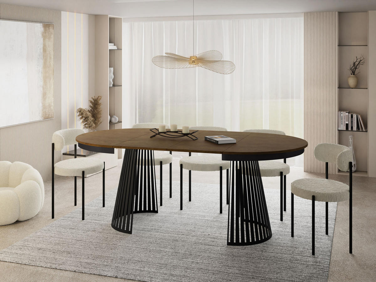 ESSTISCH Naro rund ausziehbar mit Schwarzem Lamellen-Metallgestell, Braun 120-200/120/76 cm - Alteiche/Schwarz, Holzwerkstoff/Metall (120/120/76cm) - WFL GROUP