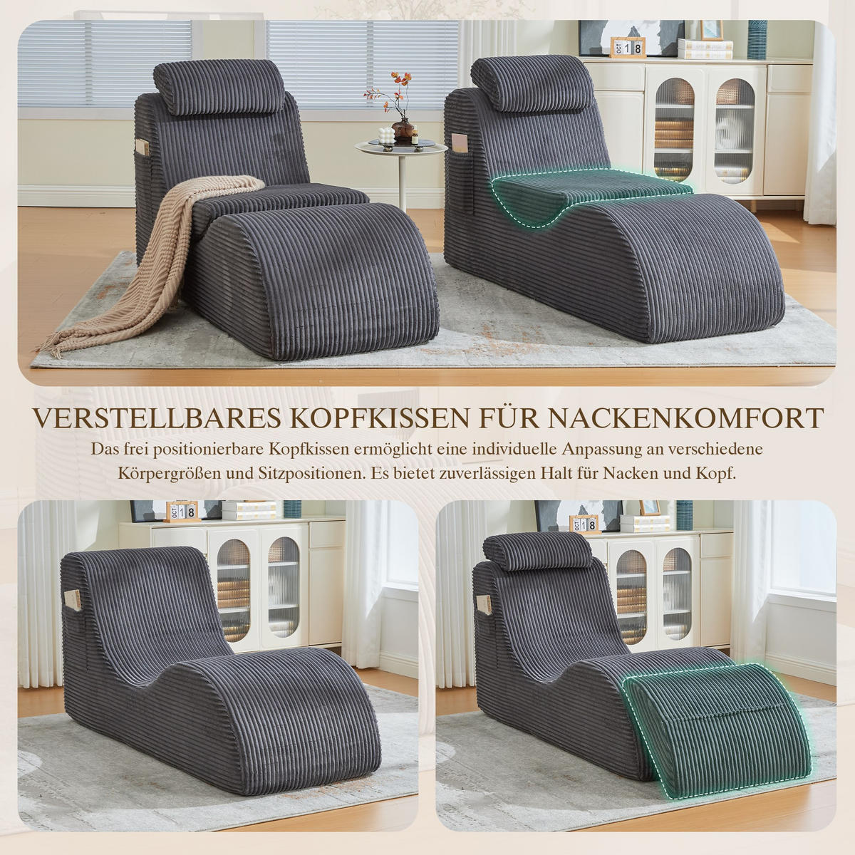 RELAXSESSEL Liege mit Kopfstütze,ergonomischem Design,Dunkelgrau - Dunkelgrau, Textil (66/90/160cm) - LVHOM