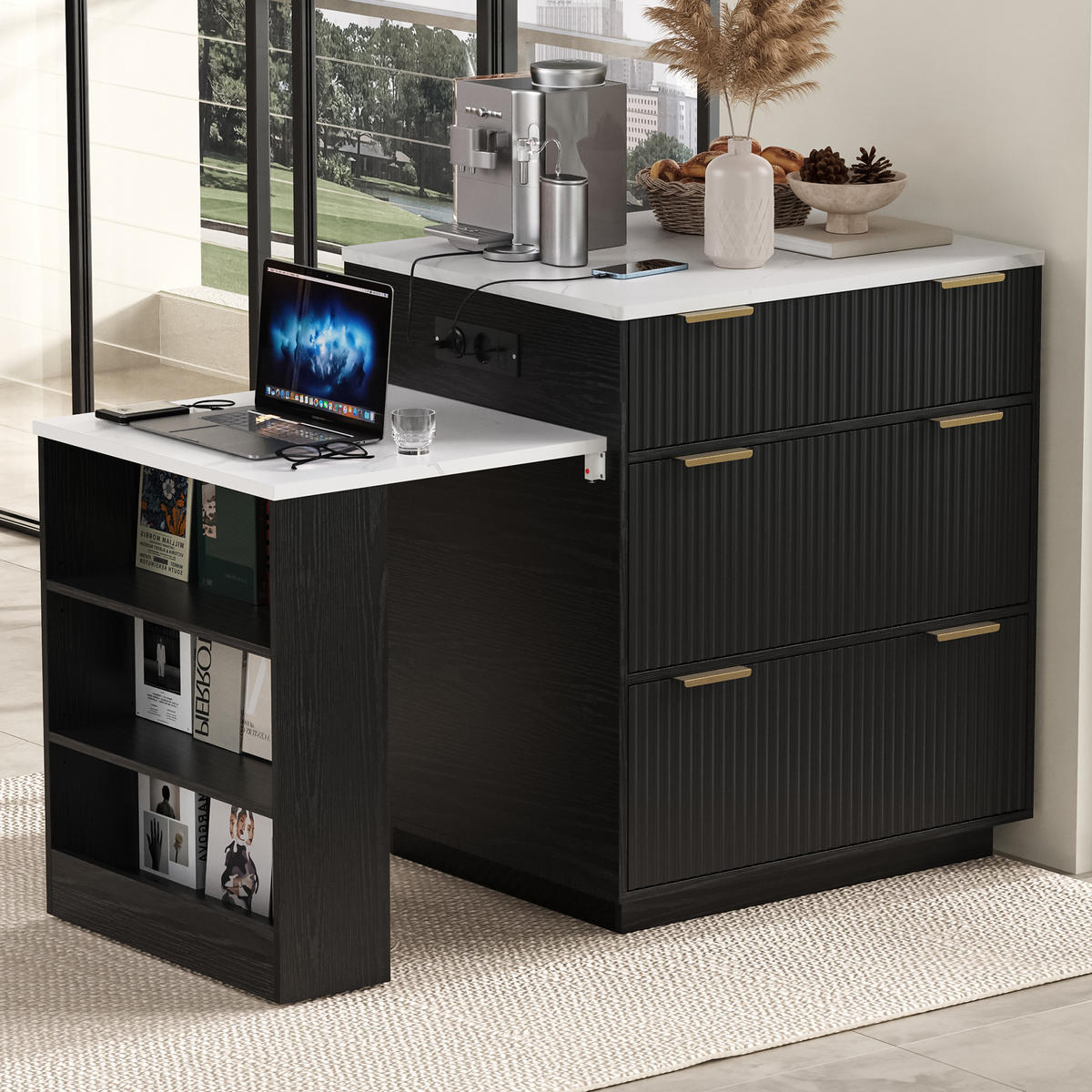 KÜCHENINSEL ausziehbar 127,5-205/67/92 cm mit LED DE-39579 Schwarz - Schwarz, Holzwerkstoff (67/92/127.5cm) - ComfortXL